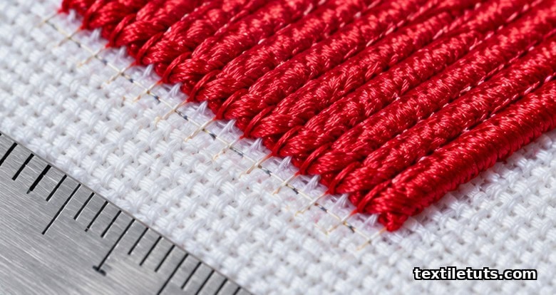 High-magnification macro of parallel crimson satin stitches at0.5 mm spacing on white woven shirting, with a faint perpendicular underlay grid and a steel ruler for scale.