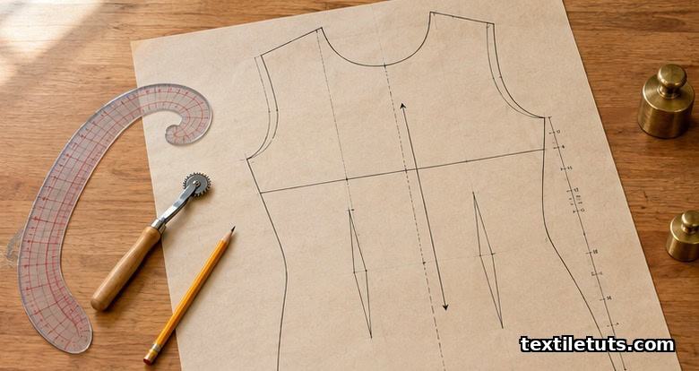Pattern paper bodice block with horizontal empire waistline drawn 7 cm below the bust apex, drafting tools alongside.