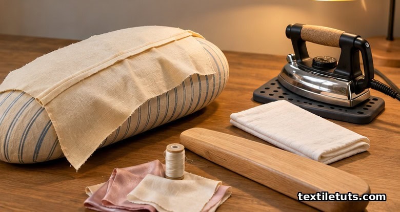Pressing an empire waist seam open over a curved tailor's ham with a press cloth between iron and fabric.