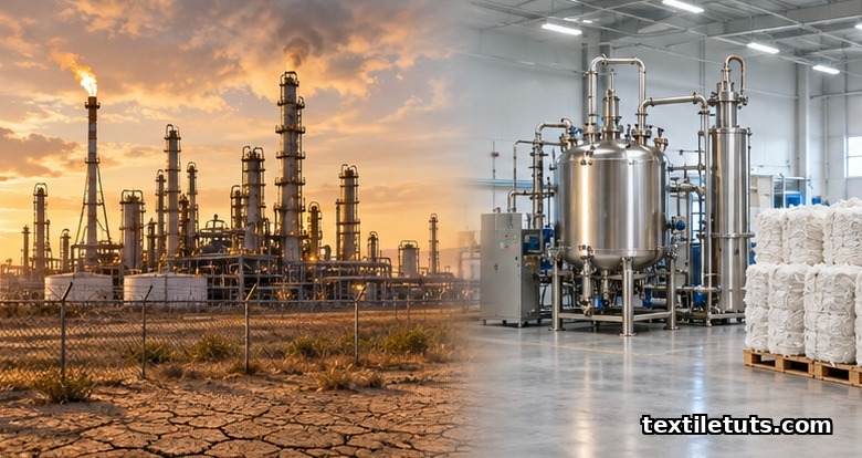 Side-by-side comparison of a sprawling oil refinery for virgin fiber versus a compact textile recycling hall for recycled polyester.
