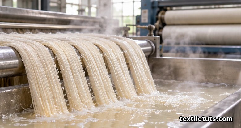 Cotton warp fabric passing through a heated enzymatic desizing bath with steam rising as starch size hydrolyzes from the woven cotton.