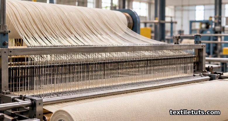 Cotton warp yarns held under tension on a weaving loom with a milky starch size film coating the threads before desizing.