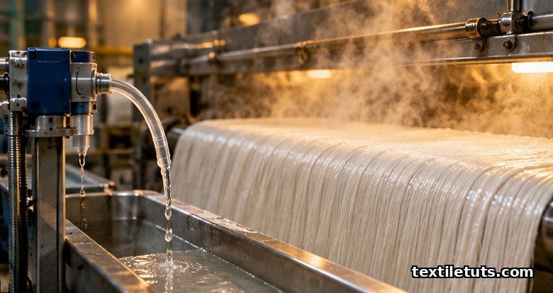 Wet cotton warp emerging from a pad-steam enzymatic desizing chamber with vapor rising under warm amber light.