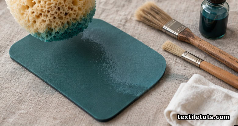 A sponge applying even layers of dye onto a flat neoprene swatch with soft brushes and a clean cloth on a linen surface.
