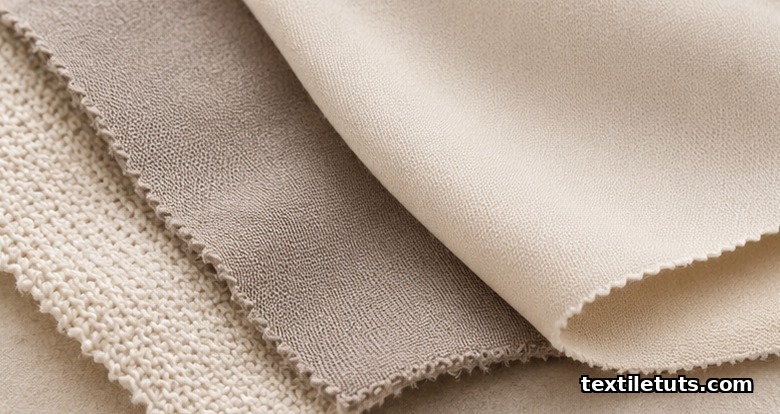 Macro of three overlapping fabric swatches: a 100% cotton knit, a cotton-elastane blend, and a smoother micromodal-elastane layer on top.