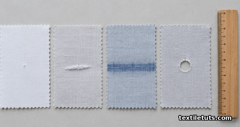 Top-down view of four fabric swatches with progressive defect sizes graded by length rule