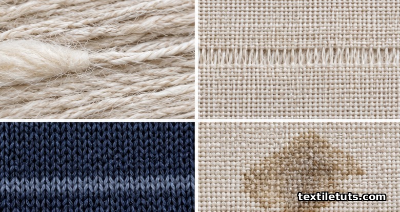 Close-up 2x2 grid showing yarn slubs, mis-pick weft bars, knit barre bands, and oil stains on woven fabric swatches.