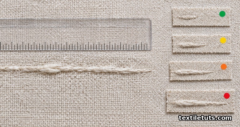 Fabric defect measured against a transparent ruler showing graduated tick marks and graded swatch samples for length-based scoring.
