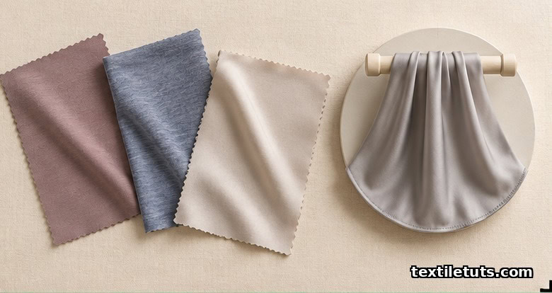 Fabric swatches and a Cusick drape test pedestal laid out on a neutral surface for textile drape property measurement.