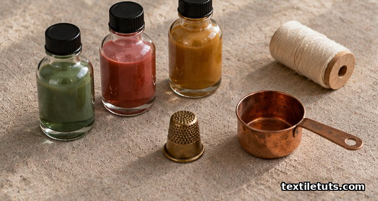Flat-lay of sage, dusty rose, and ochre fabric dye bottles with a wooden thread spool, brass thimble, and copper cup on linen.
