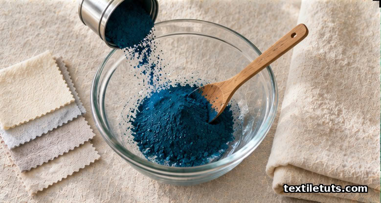Reactive dye powder measured into a glass bowl with a wooden spoon and cotton swatches
