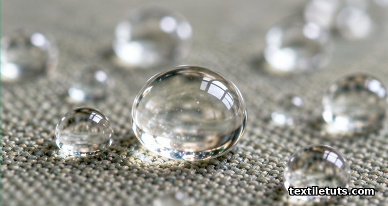 Water droplets beading perfectly on a fluorocarbon-treated synthetic fabric surface, demonstrating durable water repellency.