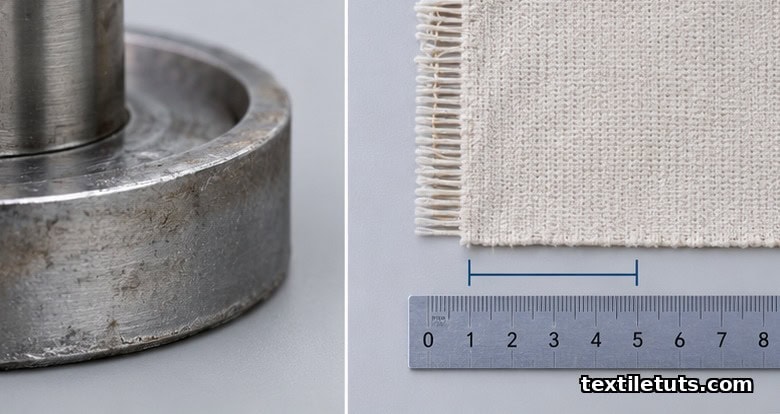 Macro view of a blunt die cutter next to a fabric selvedge with the 5 cm exclusion zone marked.