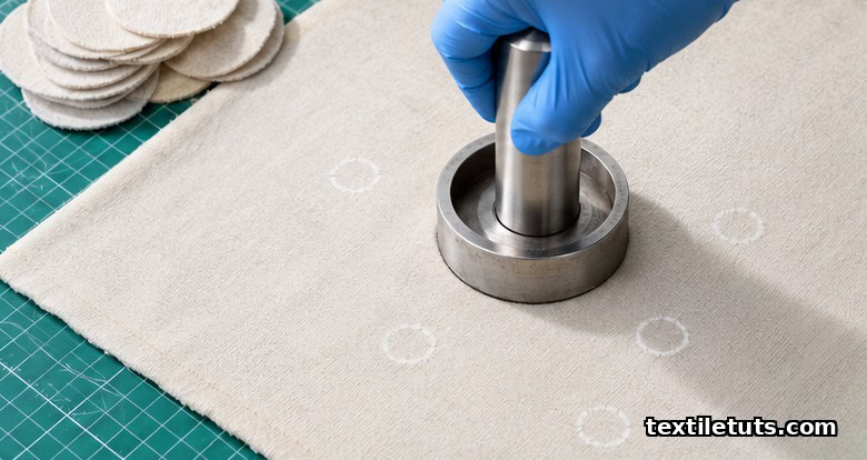Overhead view of a circular die cutter pressed into cotton jersey on a cutting mat with cut specimens.