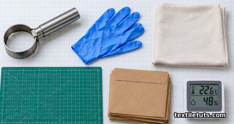 Flat-lay of a GSM testing kit with die cutter, gloves, cutting mat, sample envelopes and hygrometer.