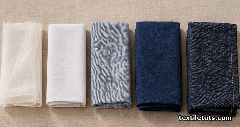 Flat lay row of five fabric swatches from sheer voile to heavy denim illustrating GSM weight categories on a linen surface.