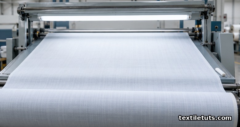 Horizontal fabric inspection machine with backlit pale cotton shirting moving past viewing station