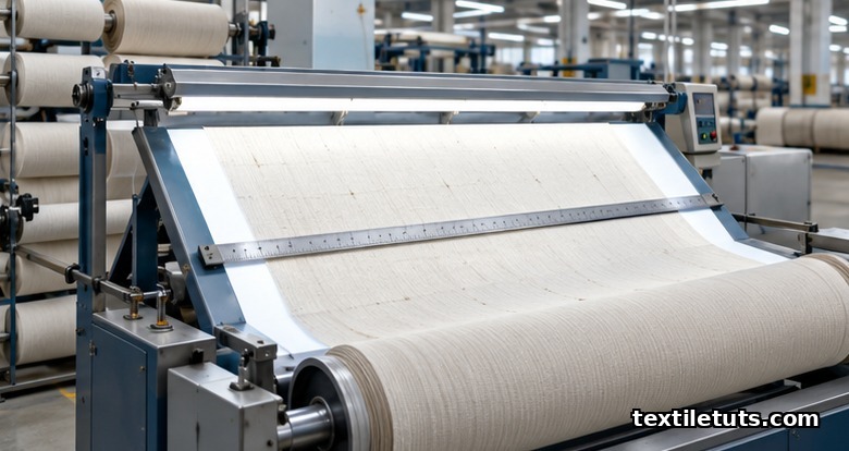 Industrial fabric inspection machine with greige cotton cloth passing over a backlit inspection table in a textile mill.