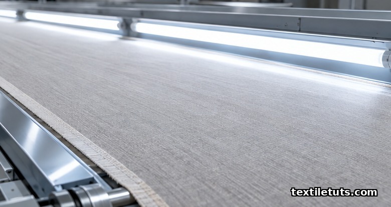 Perspective view of an illuminated fabric inspection table lit by cool-white fluorescent tubes with woven fabric moving slowly across the angled panel.