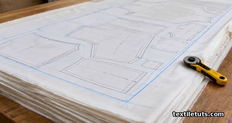 Layered cotton fabric plies on a cutting table with a paper marker pattern template, chalk outlines, and a rotary cutter ready for spreading.