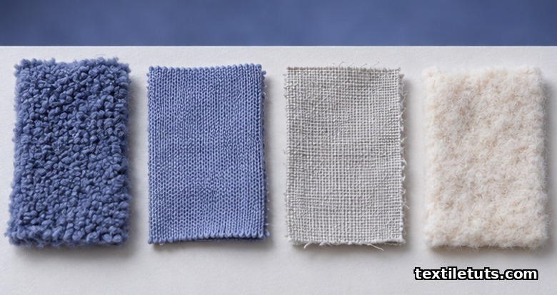 Side-by-side fabric swatches comparing polyester fleece, acrylic knit, polyester-cotton blend, and wool.