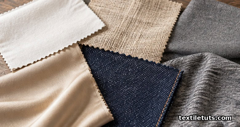 Stacked fabric swatches showing cotton, linen, wool, silk, denim, and knit textures for alteration comparison