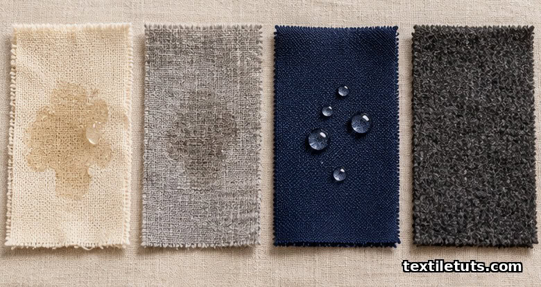 Flat-lay comparison of cotton, linen, polyester, and wool fabric swatches showing different absorbency and sweat stain resistance