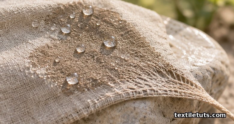 Wet and stretched natural-fiber fabric sample showing how moisture and tension widen weave interstices and lower effective UPF rating.
