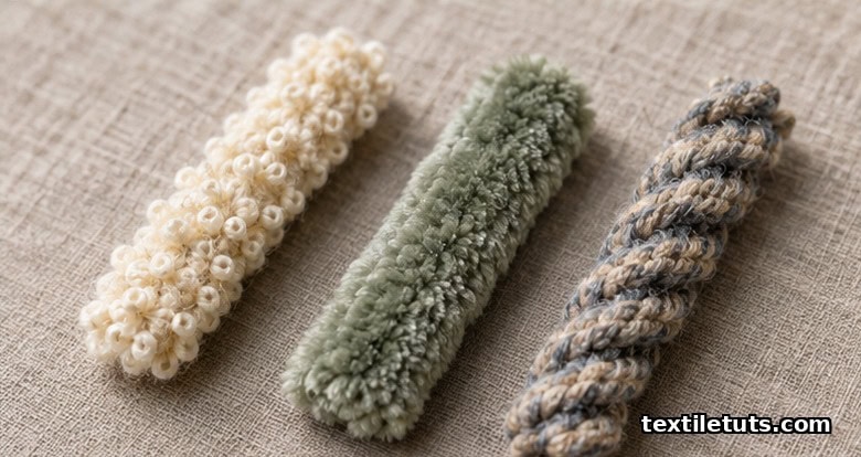 Three fancy yarn samples side by side showing boucle loops, chenille pile, and spiral twist textures on a neutral linen background.