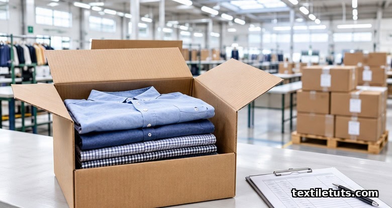 Stacked folded woven shirts in an opened inspection carton at a textile factory workstation with a printed checklist.