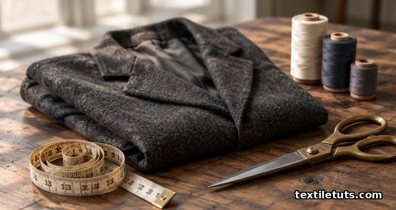 Tailor's wooden workbench with measuring tape, fabric shears, thread spools, and folded wool jacket