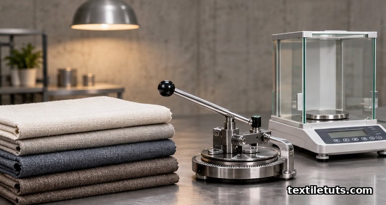Textile quality assurance lab bench with folded fabric swatches, a circular GSM cutter, and an analytical balance.