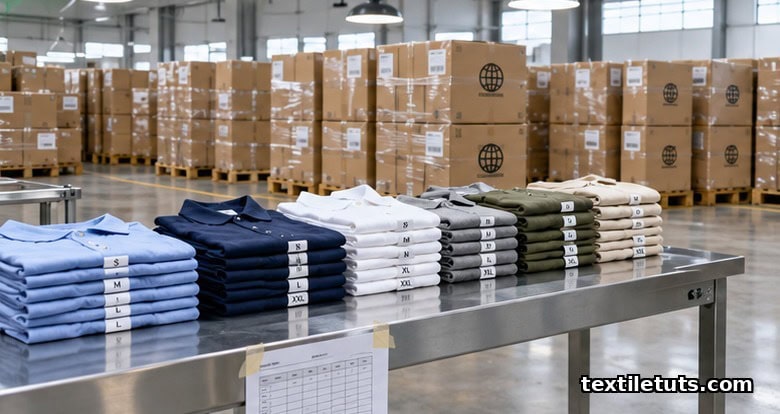 Folded shirts on a steel inspection table beside a size-spec sheet, with stacked export cartons behind in a textile warehouse.