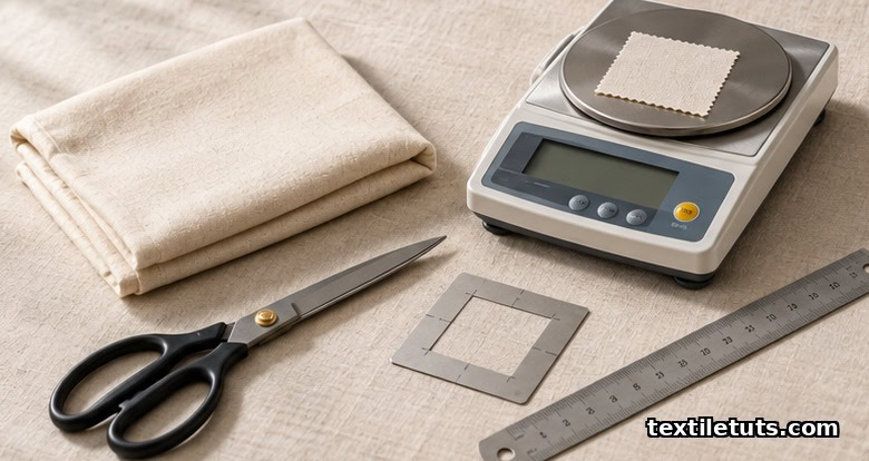 GSM measurement setup showing folded fabric swatch, precision balance, scissors, and metal ruler on a textile laboratory worktable.