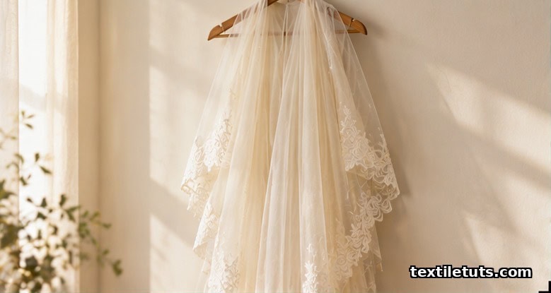 Completed ivory-toned wedding veil draped over a wooden hanger against a cream wall, softly backlit to reveal its warm vintage hue and lace trim.
