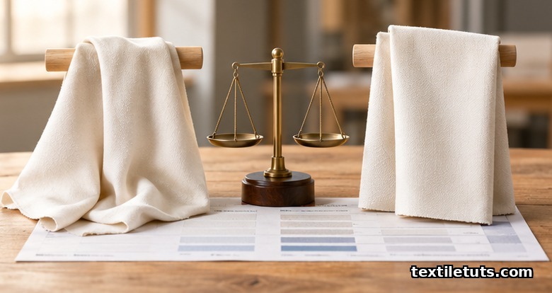 Side-by-side comparison of soft silicone-softened cotton draping over a dowel versus stiff PE-softened cotton.