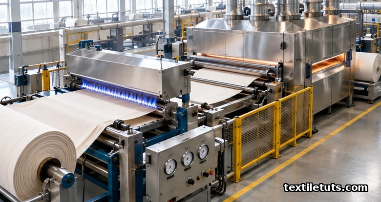 Overhead view of a textile finishing line with cotton fabric passing through a singe burner and stenter.