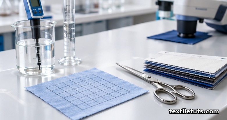 Textile QC laboratory bench with marked test fabric, pH meter in beaker, and spectrophotometer on swatches.