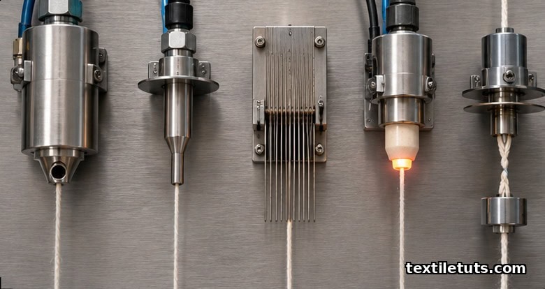 Lineup of five yarn splicing mechanisms — pneumatic, jet, electrostatic, thermal, and twist — mounted on a brushed metal panel.