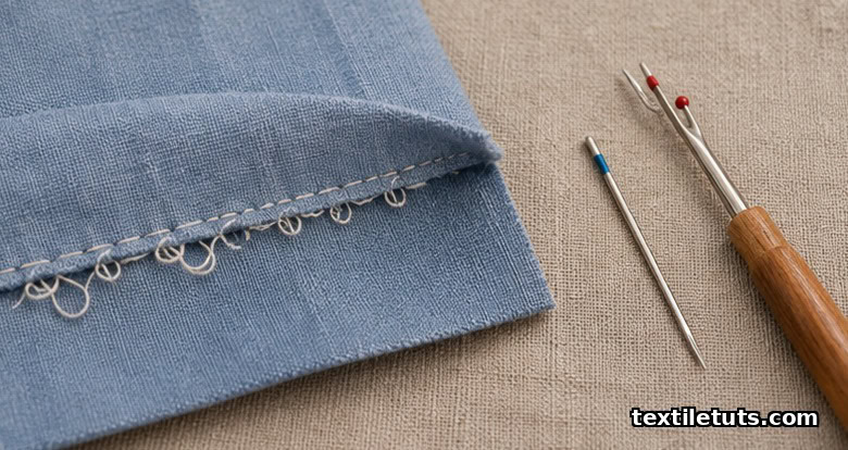 Close-up of fabric underside showing looped threads from incorrect tension, with seam ripper and replacement needle placed beside.