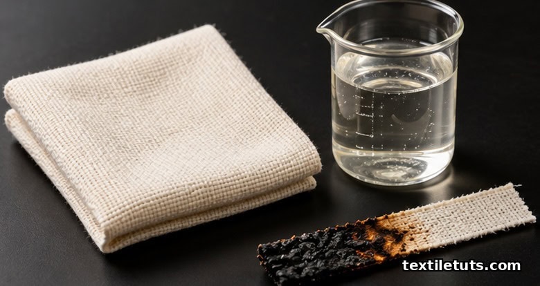 Treated cotton fabric beside a beaker of finishing liquor and a charred textile swatch showing carbonaceous residue.