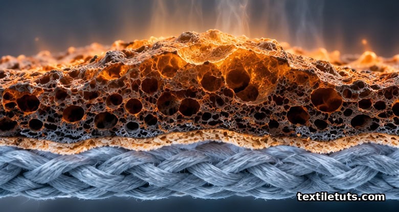 Scientific cross-section of a textile fiber swelling into a foamed intumescent char layer above intact woven fabric.