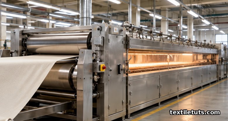 Industrial textile mill showing fabric passing through a pad mangle and stenter oven for flame retardant finishing.
