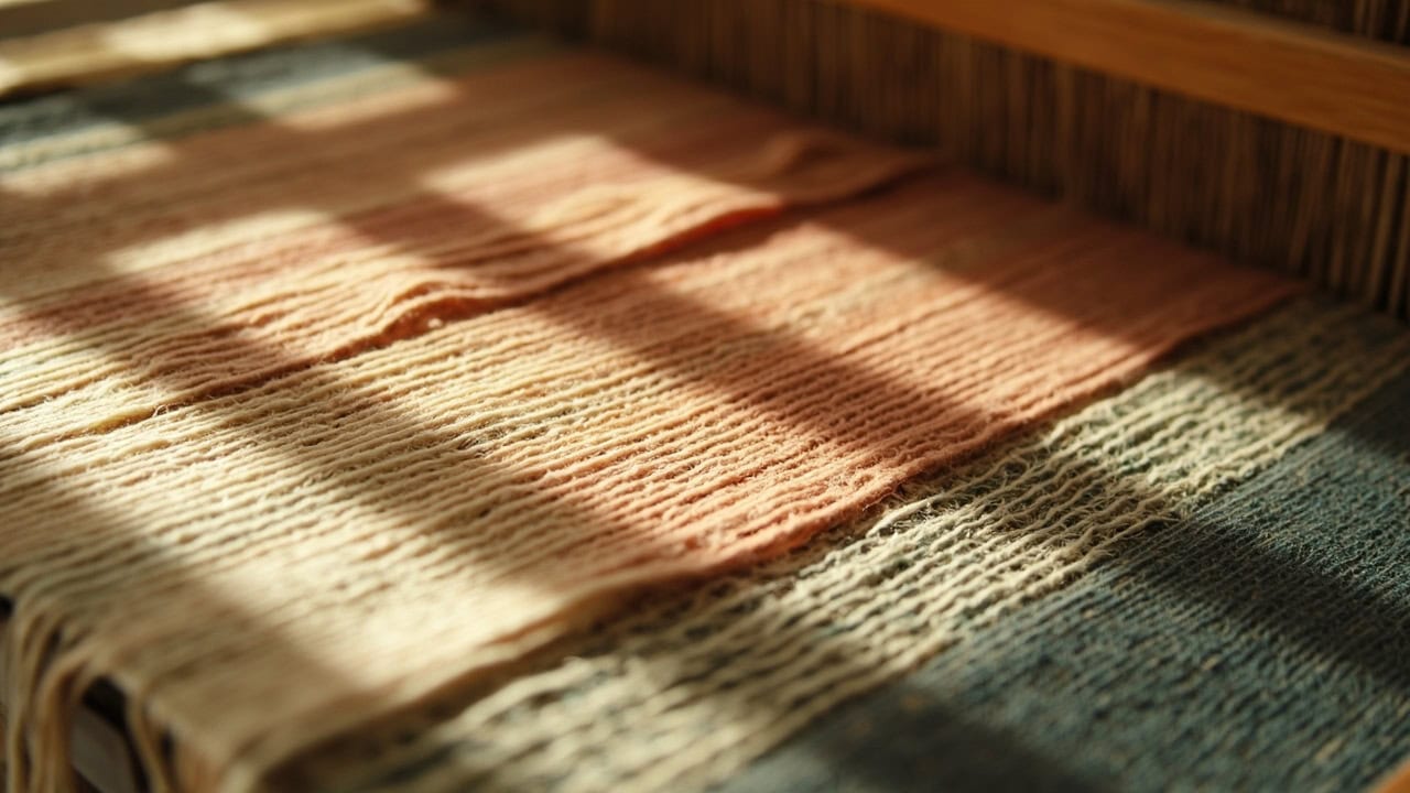 Close-up of a flat bed knitting machine needle bed showing rows of steel latch needles with cotton yarn mid-feed.