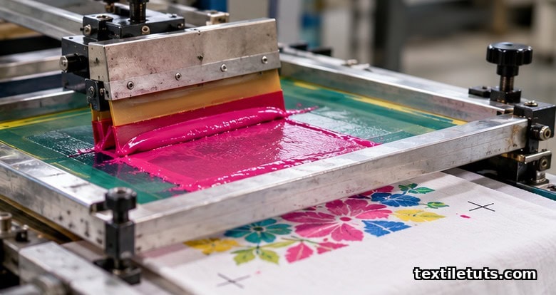 Close-up of a flat bed screen press: rectangular mesh and polyurethane squeegee pressing ink through the mesh onto cotton fabric.