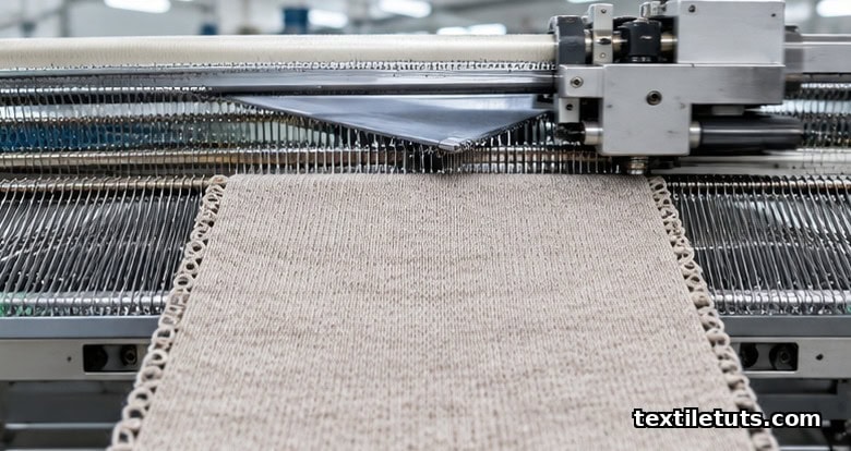 Close-up of a V-bed flat knitting machine with traversing carriage mid-cycle, building a flat panel course by course with visible selvedges.