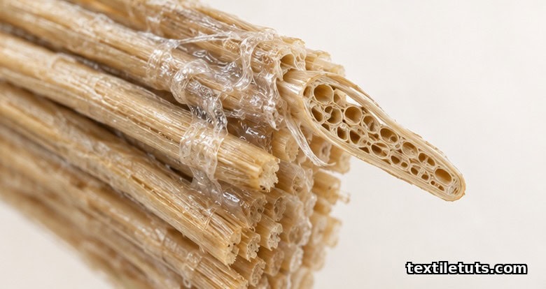 Macro cross-section of flax bast fiber showing ultimate fibers bonded by a translucent pectin matrix.