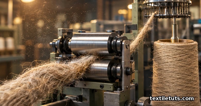 Flax roving drafted dry between steel rollers without a water bath on a dry spinning frame producing coarser yarn.