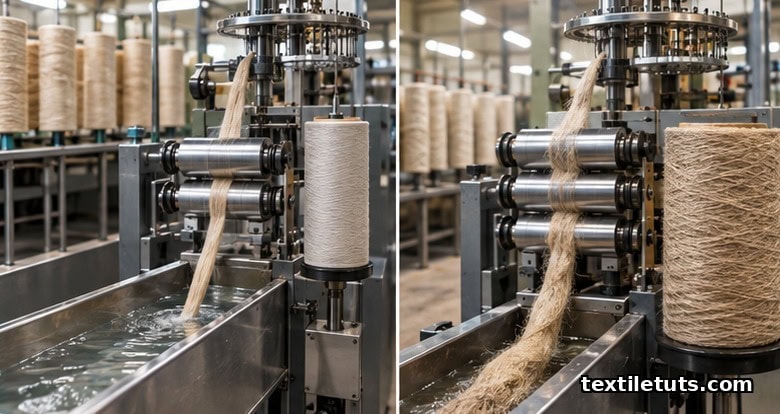 Side-by-side comparison of flax wet spinning with a heated water bath and dry spinning with drafting rollers in a textile mill.