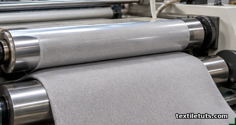Industrial fabric finishing rollers applying an anti-pilling binder treatment to fleece textile.